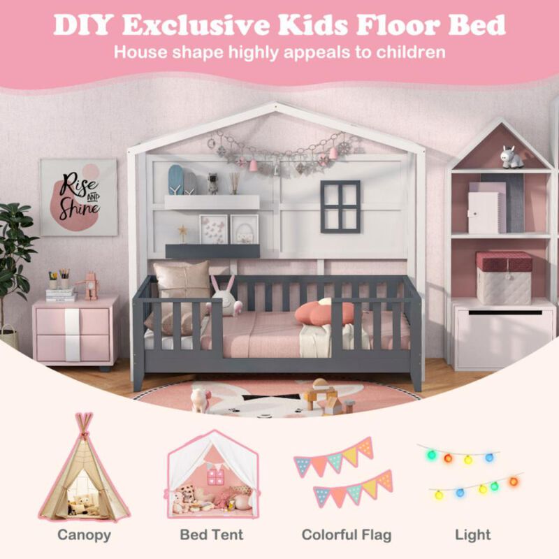 Hivvago Twin Wood House Bed Montessori Floor Bed with 2 Shelves and Guardrails