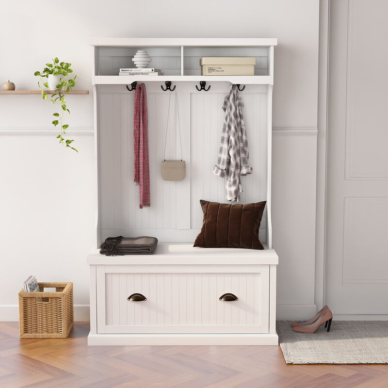 White Wood Hall Tree with Bench Shoe Cabinet