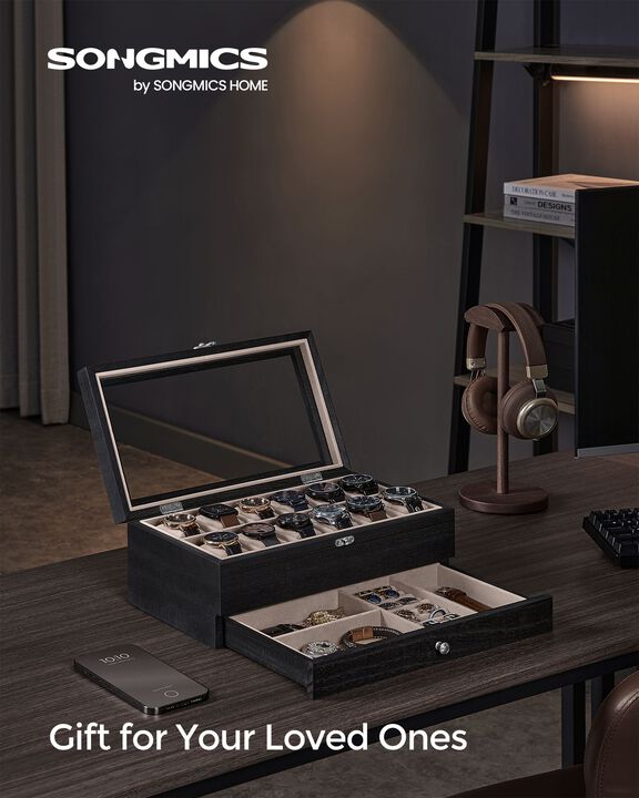 Black Solid Wood Watch Box with Pillows and Glass Lid - Perfect for Men