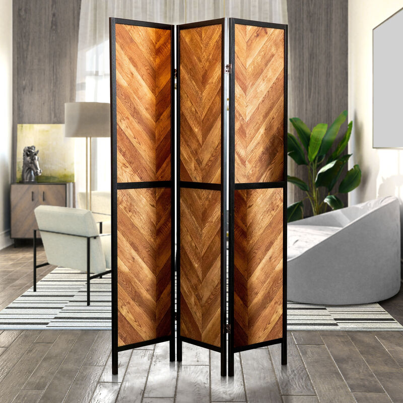 70 Inch Modern 3 Panel Folding Room Divider, Herringbone Pattern, Brown-Benzara