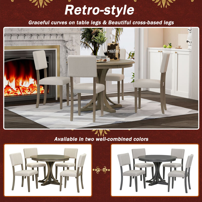 5-Piece Retro Round Dining Table Set With Curved Trestle Style Table Legs And 4