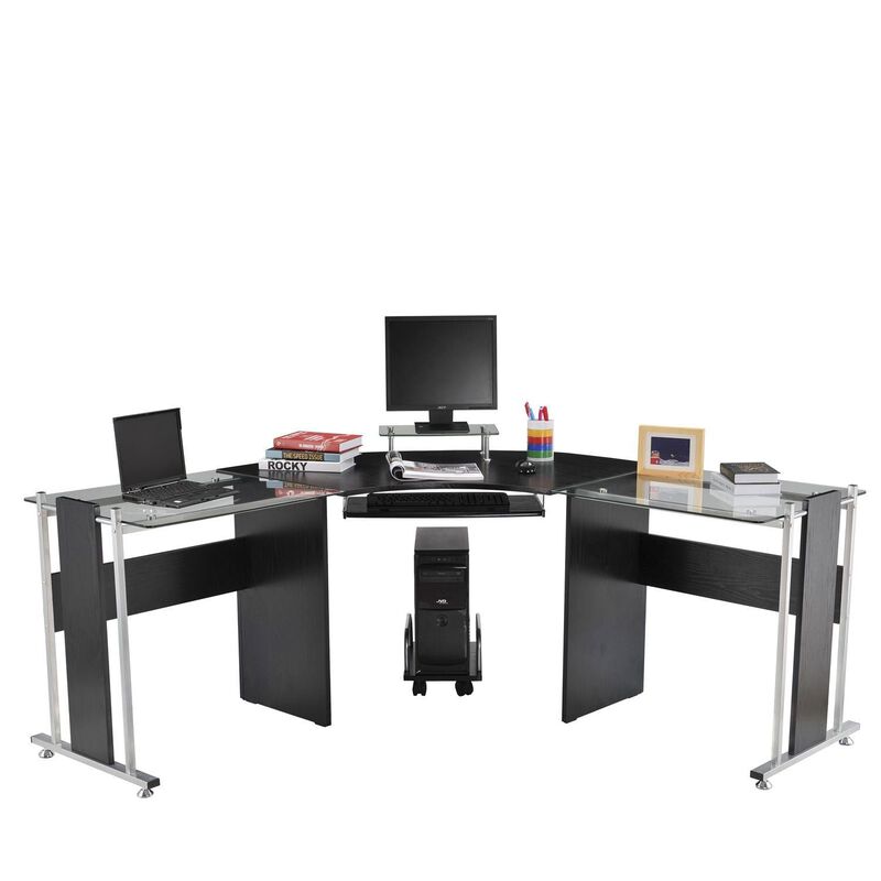 Black Glass Workstation: 69" L-Shaped Desk with Monitor Stand & Keyboard Tray