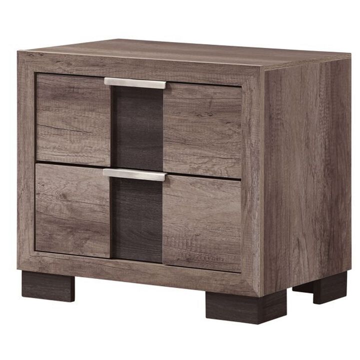 Rangley 24 Inch Nightstand, 2 Drawers, Chrome Metal Handles, Brown Wood - Benzara