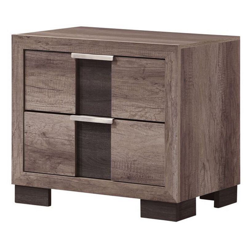Rangley 24 Inch Nightstand, 2 Drawers, Chrome Metal Handles, Brown Wood - Benzara