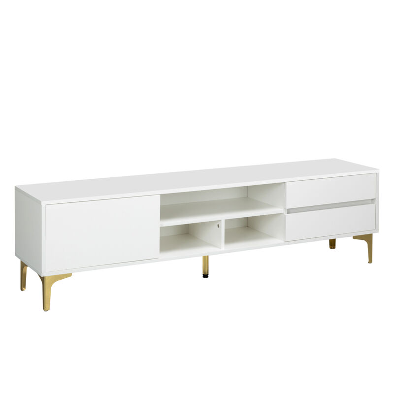 White TV stand with LED lights and gold legs