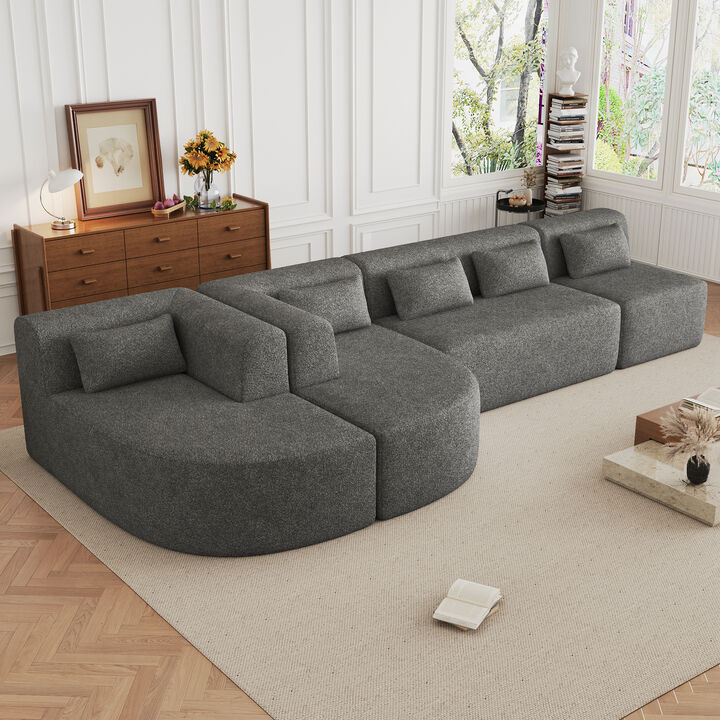 143.7" Upholstered Sofa Free-combined Sofa Couch with Two Chaise Lounge and Five Back Pillows for Living Room, Black