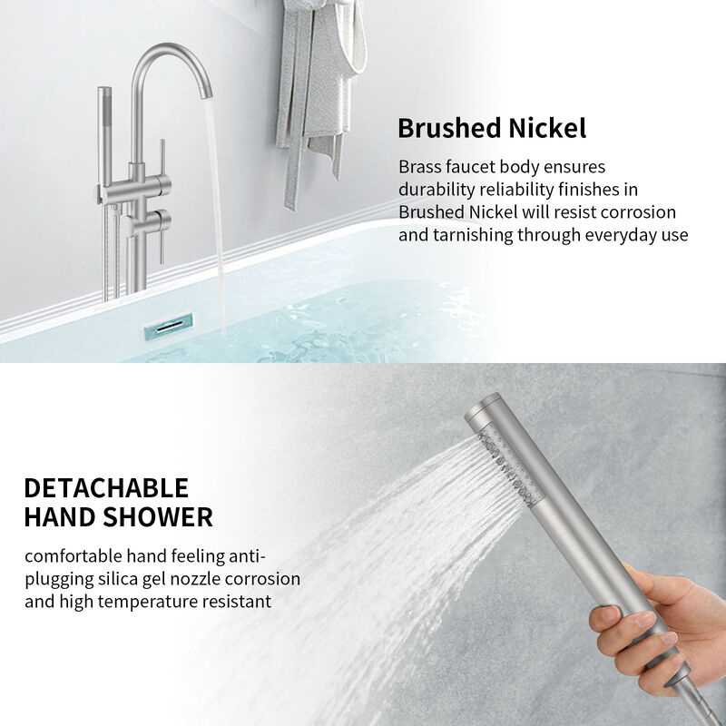 Freestanding Tub Faucet, Brushed Nickel Floor Mount Bathtub Filler with Swivel Spout & Hand Shower