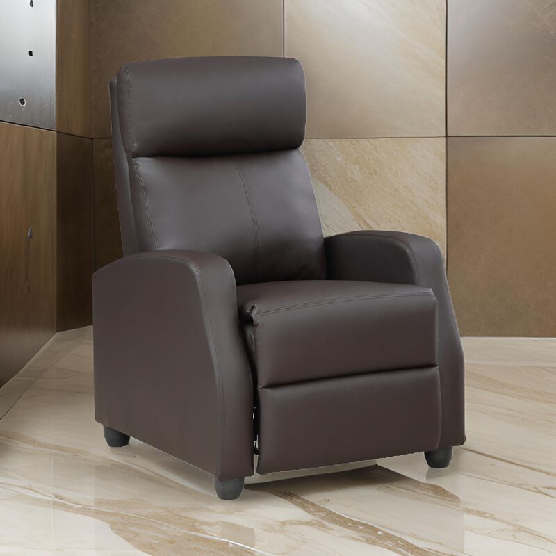Jiana 35 Inch Push Back Recliner Chair, Brown Faux Leather, Solid Wood - Benzara