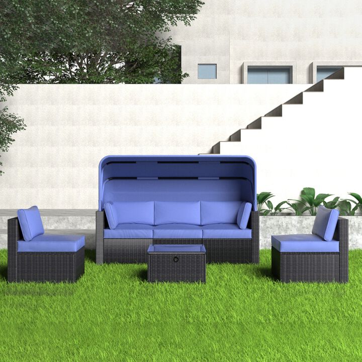 Mondawe 6 Pieces Patio Furniture Sets, Outdoor Rattan Daybed with Retractable Canopy, Outdoor Sectional Sofa Set with Adjustable Backrest, Chaise Chair Sunbed for Garden Poolside Backyard