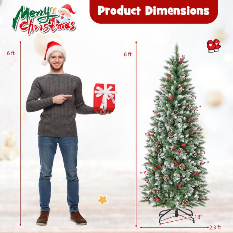 Hivvago Pre-lit Artificial Pencil Christmas Tree with Pine Cones and Red Berries
