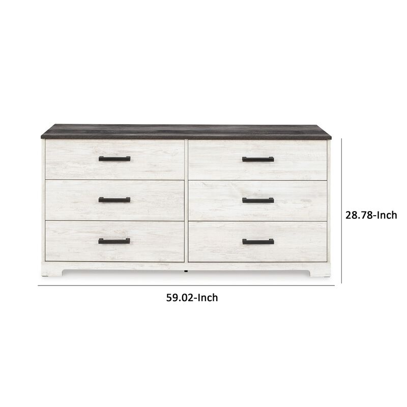 Wisp 59 Inch Wood Dresser, 6 Gliding Drawers, Rustic Crisp White Finish-Benzara