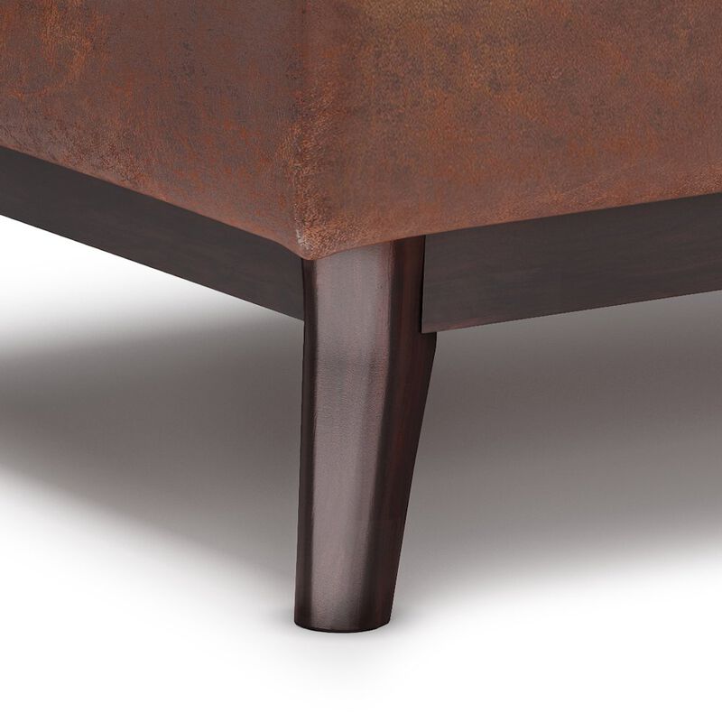 Simpli Home Small Coffee Table Storage Ottoman In Distressed Saddle Brown Vegan Faux Leather