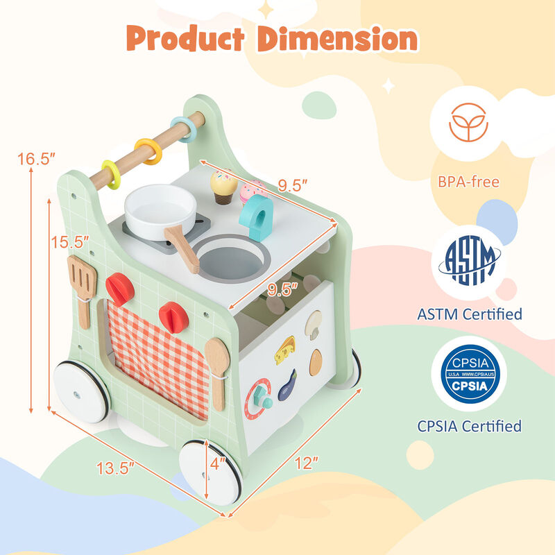 6-in-1 Wooden Baby Stroller with Play Kitchen for Kids Over 12 Months