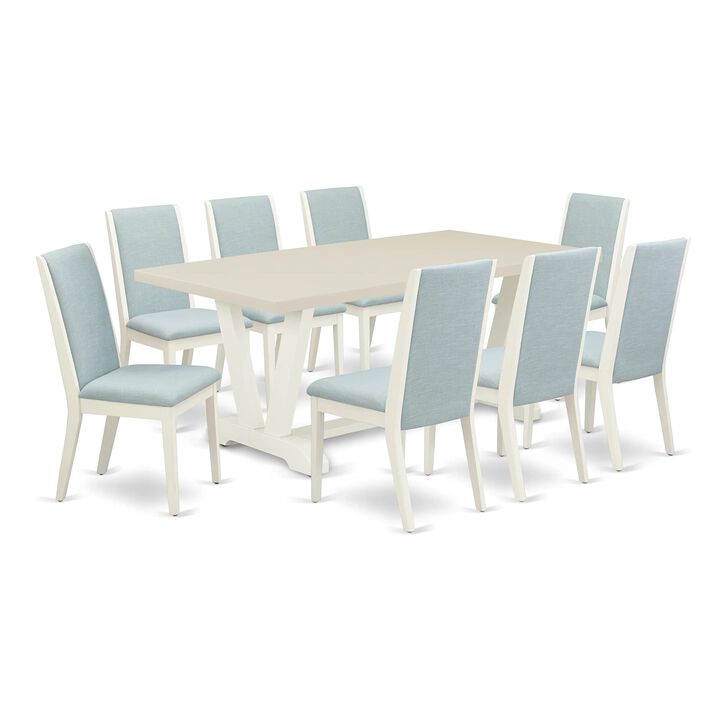 East West Furniture V027LA015-9 9Pc Dining Room Table Set Consists of a Rectangle Table and 8 Parsons Dining Chairs with Baby Blue Color Linen Fabric, Medium Size Table with Full Back Chairs, Wirebrushed Linen White Finish
