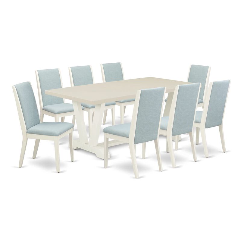 East West Furniture V027LA015-9 9Pc Dining Room Table Set Consists of a Rectangle Table and 8 Parsons Dining Chairs with Baby Blue Color Linen Fabric, Medium Size Table with Full Back Chairs, Wirebrushed Linen White Finish