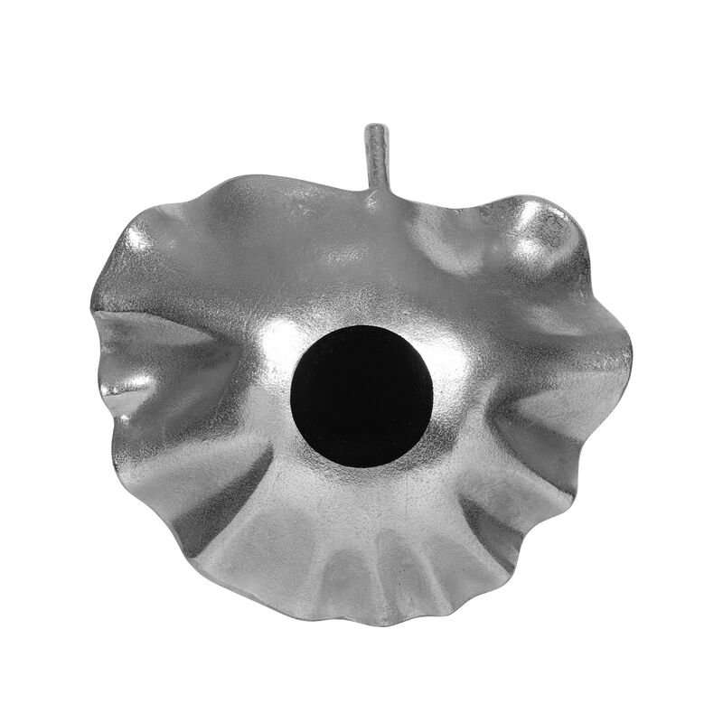 Decorative Tray Plate, Leaf Shape Design, Aluminum Silver Finish -Benzara