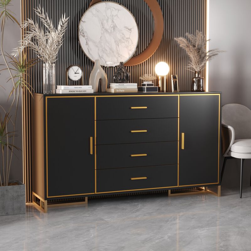 FUFU&GAGA Modern 4-Drawer Storage Cabinet with Gold Accents, Adjustable Shelves, Black Finish (63" W x 36.6" H x 15.7" D),Black