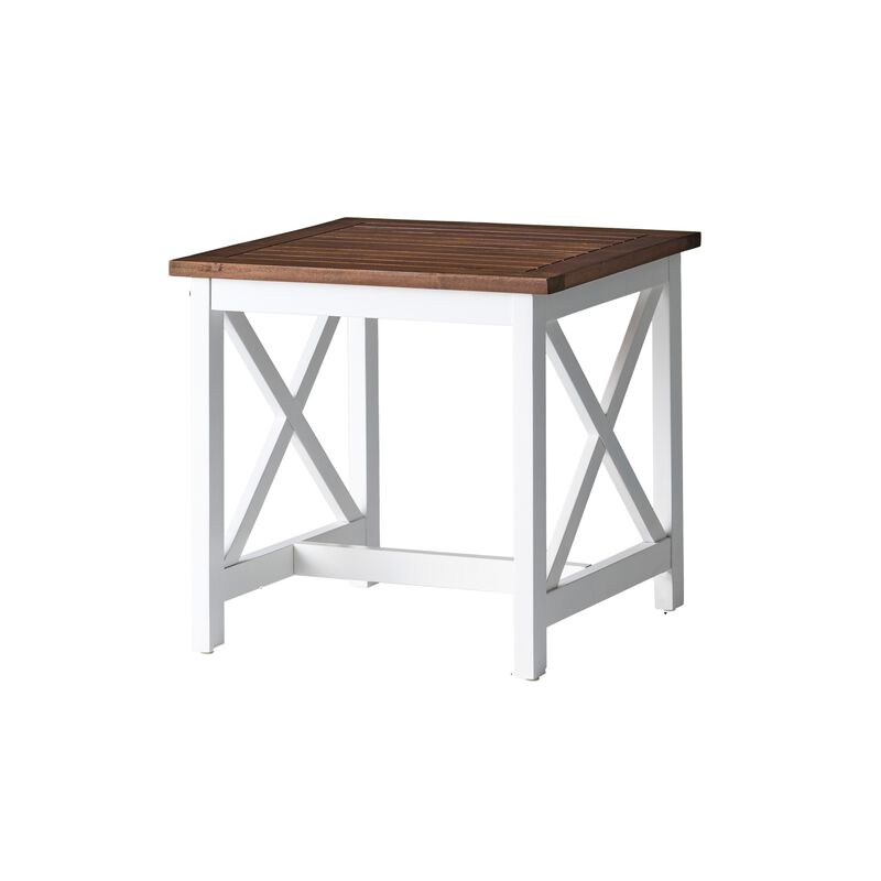 Side End Table, 20 Inch Square Rustic Farmhouse Brown White Wood - Benzara