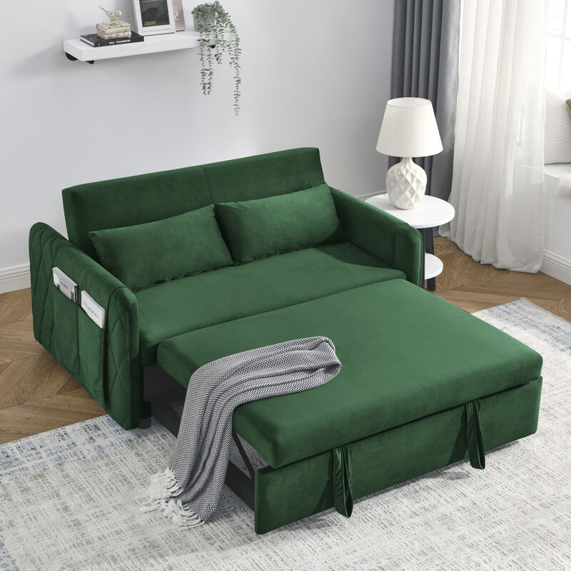 55" Modern Convertible Sofa Bed With 2 Detachable Arm Pockets, Velvet Loveseat Sofa With Pull Out