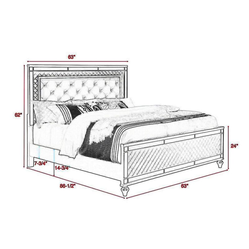 Benjara Reff Queen Size Bed, Button Tufted Fabric Upholstery, Modern Wood, Gray and Silver