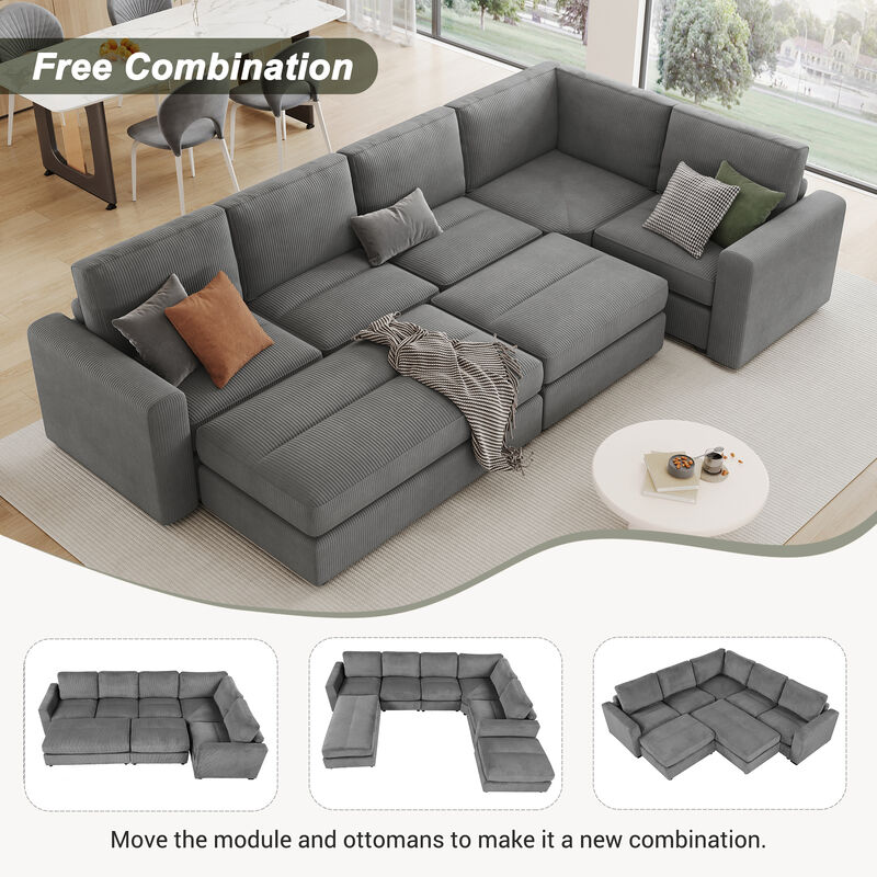 121.3" Sectional Couch Sofa Bed Modular Sofa with Two Movable Ottomans for Living Room, Gray