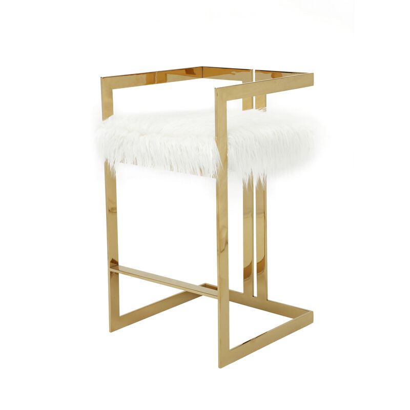 Suki 30 Inch Barstool Chair, White Faux Fur Seat, Stainless Steel, Gold - Benzara