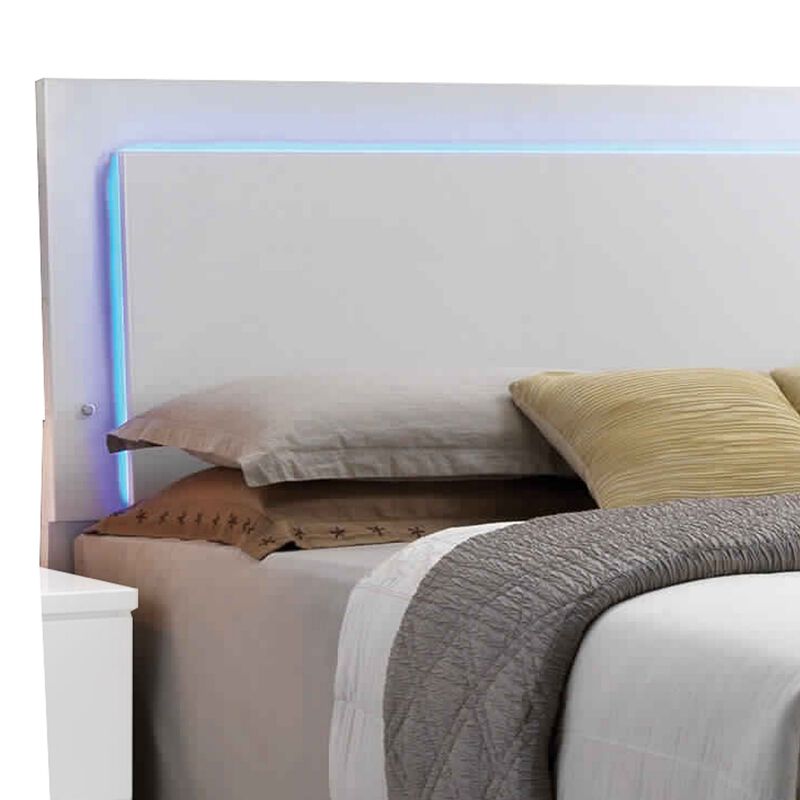 Leatherette Eastern King Bed with LED Panel Headboard and Chrome Legs,White-Benzara