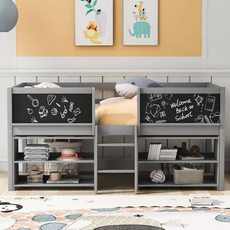 Twin Size Low Loft Bed With Two Movable Shelves And Ladder, With Decorative Guardrail Chalkboard