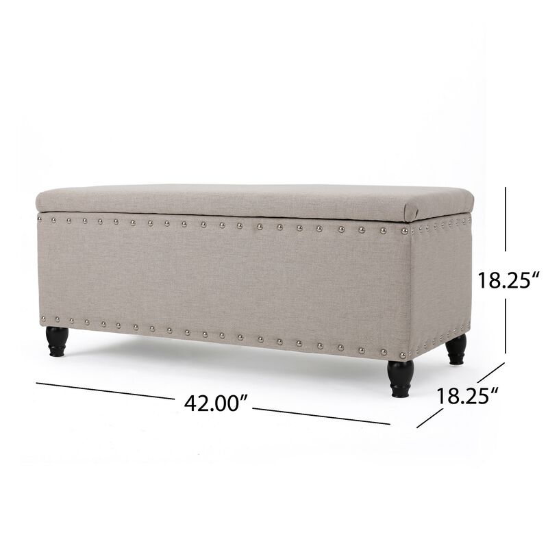 Sharon Storage Ottoman Bench, Beige Fabric, Nailhead Trim, 42 Inch -Benzara