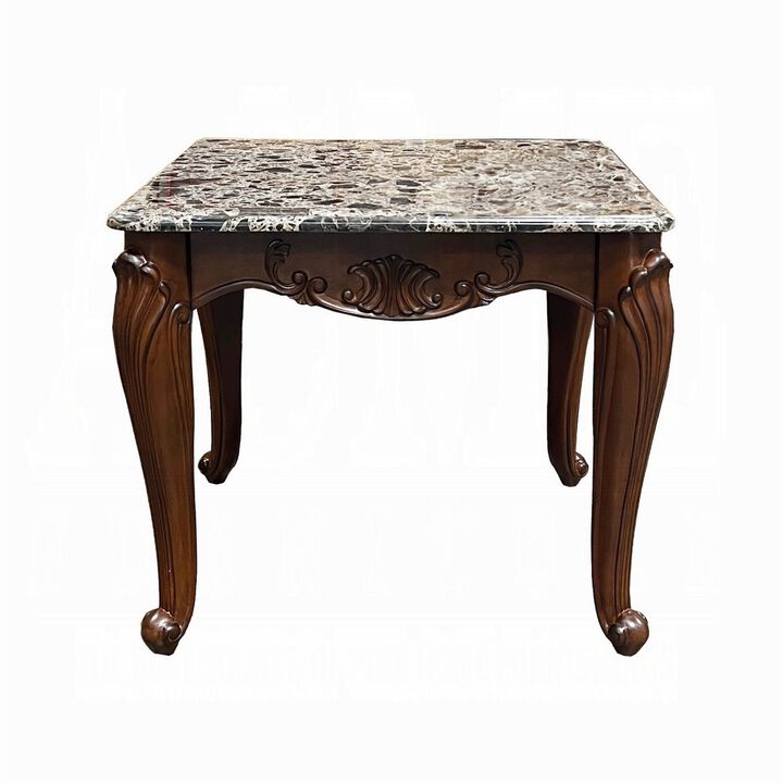 Aliya Side End Table, Rectangular 28 Inch Marble, Cherry Brown Wood - Benzara