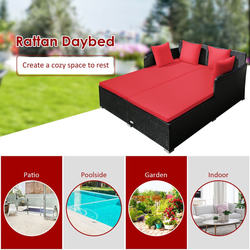 Spacious Outdoor Rattan Daybed with Upholstered Cushions and Pillows