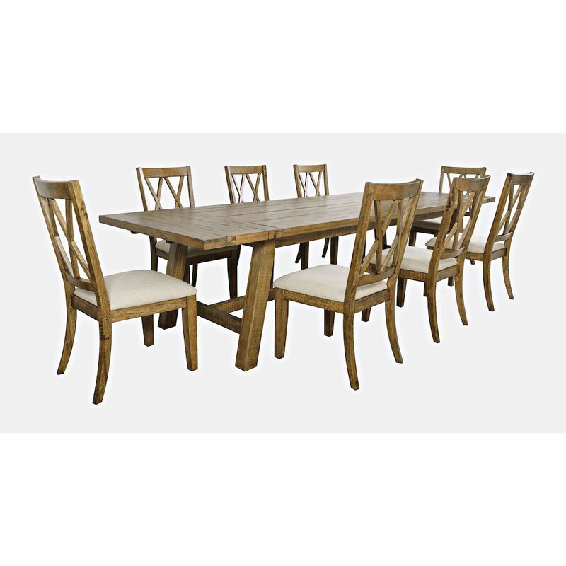 Jofran Telluride Nine Piece Rustic Farmhouse Solid Wood 127 Extendable Dining Set
