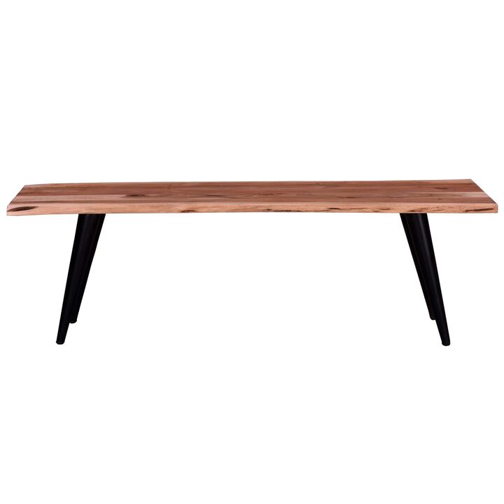 Zor 58 Inch Dining Bench, Live Edge Acacia Wood, Light Oak Brown, Black-Benzara