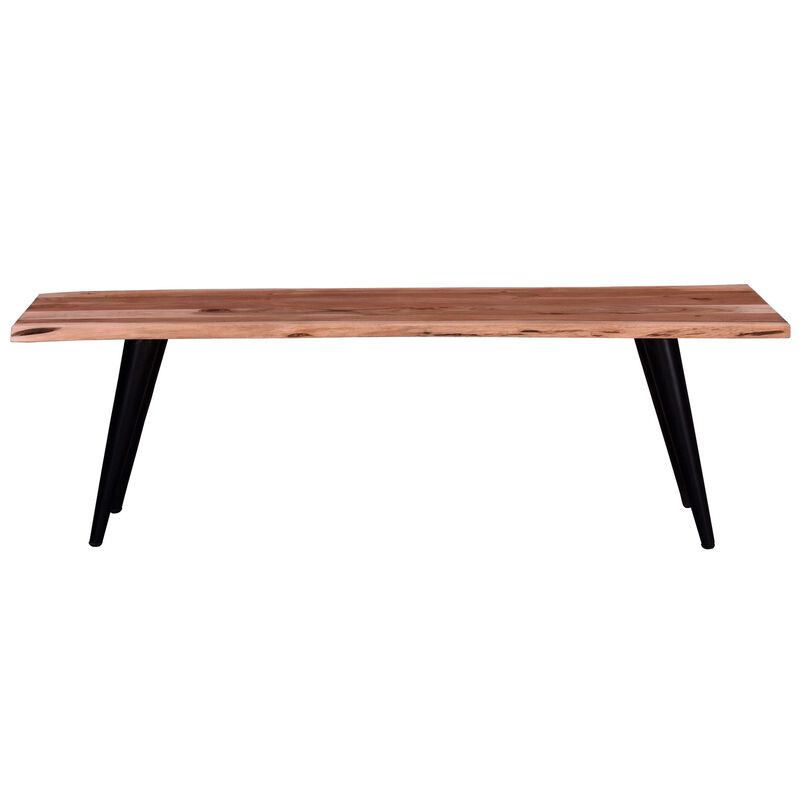 Zor 58 Inch Dining Bench, Live Edge Acacia Wood, Light Oak Brown, Black-Benzara