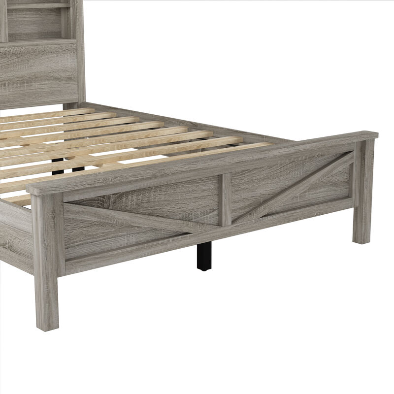 Merax Farmhouse Platform Bed with Charging Station