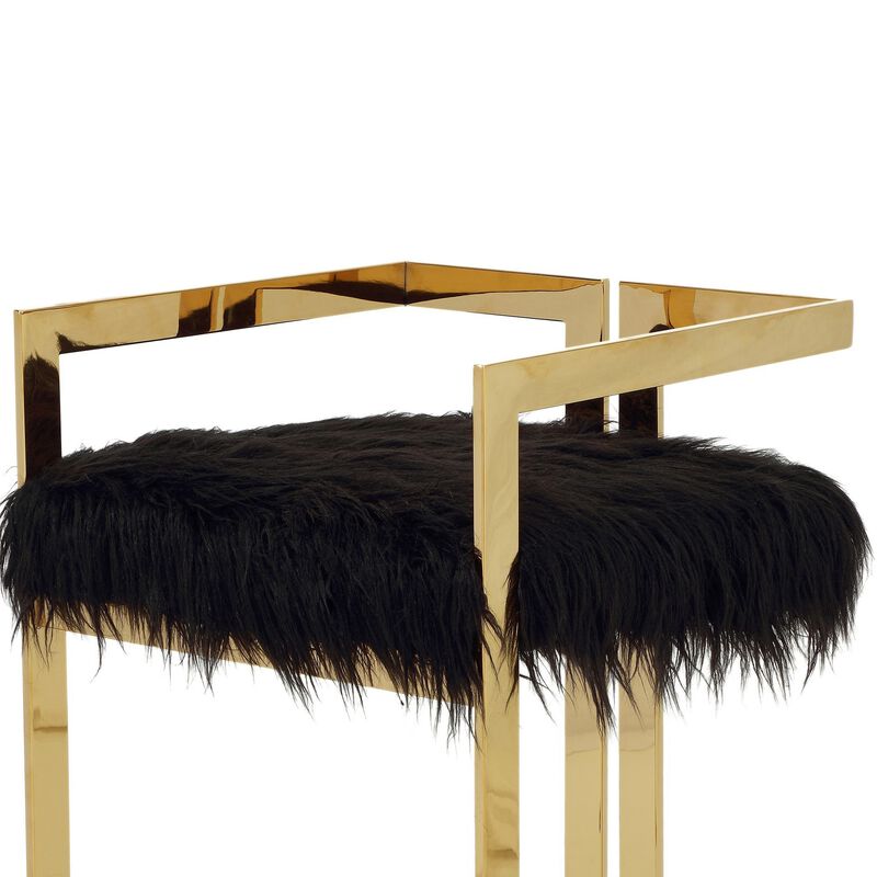 Suki 26 Inch Barstool Chair, Black Faux Fur Seat, Stainless Steel, Gold - Benzara