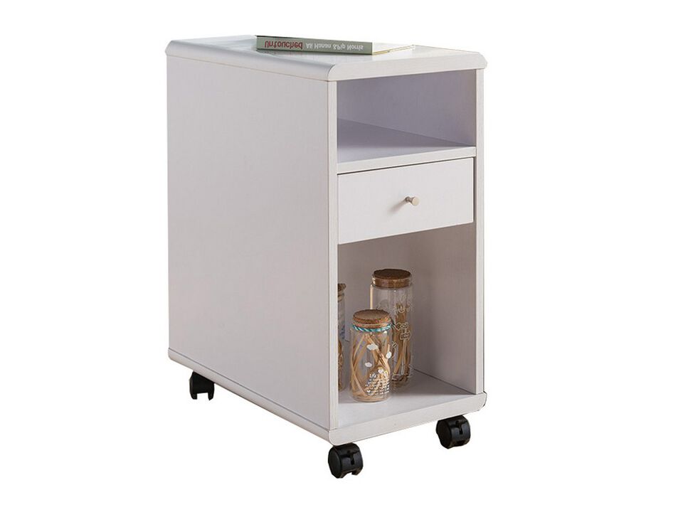 20 Inch Rolling Chairside Table, Single Drawer, 2 Open Shelves, Crisp White - Benzara