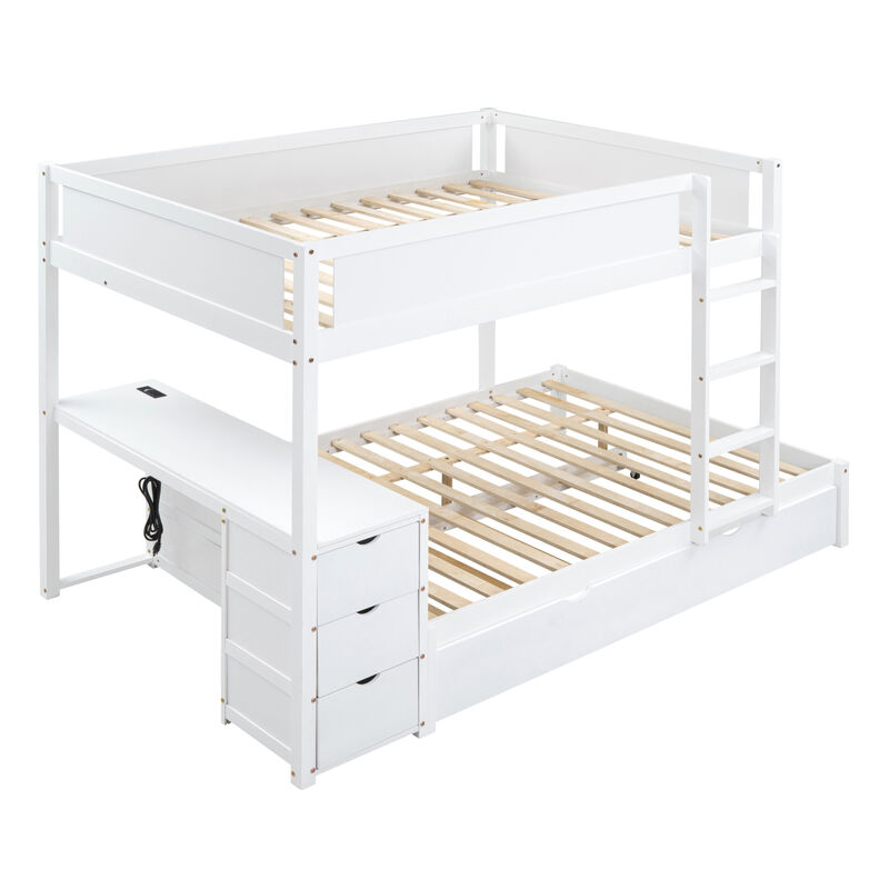 Full Over Full Bunk Bed With Twin Size Trundle, Storage And Desk, White