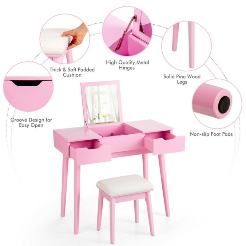 Hivvago Makeup Vanity Table Set with Flip Top Mirror and 2 Drawers-Pink