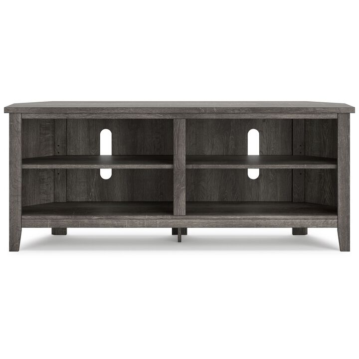 Faye Corner TV Media Console, 4 Shelves, 58 Inch Rustic Gray Faux Wood - Benzara