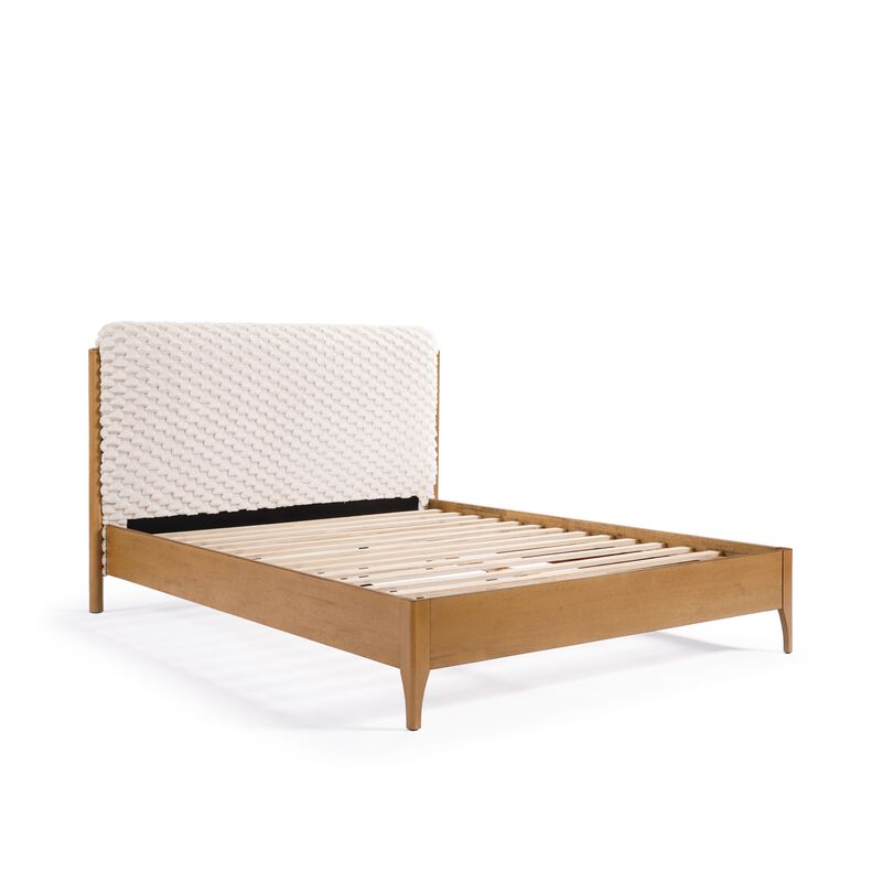 LuxenHome Quilted Upholstered Headboard with Rubberwood Frame Platform Bed, Queen