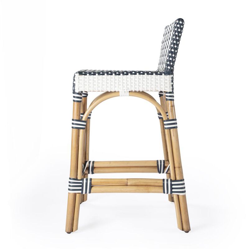 Butler Specialty Rectangular Rattan Low Back 24.5Counter Stool, White and Navy Stripe