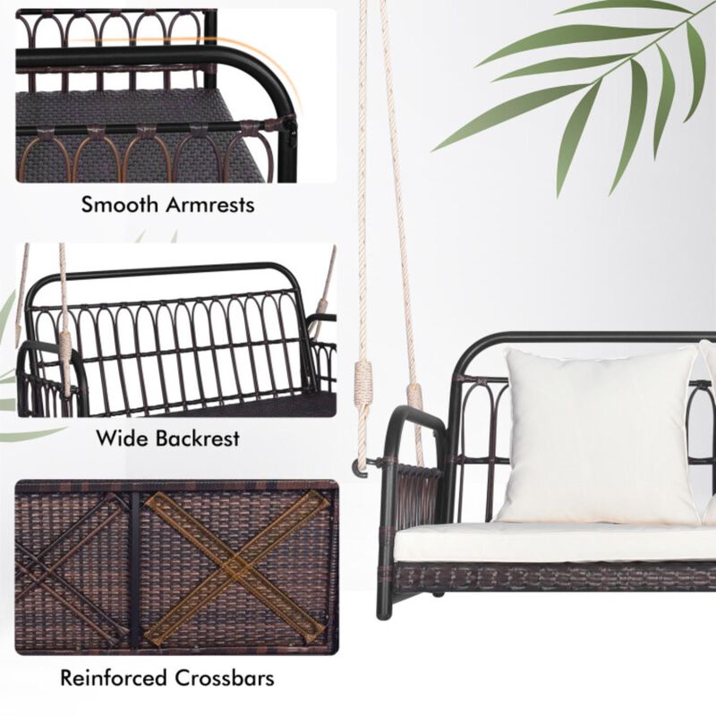 Hivvago 880LBS Wicker Hanging Porch Swing with Cushions-White