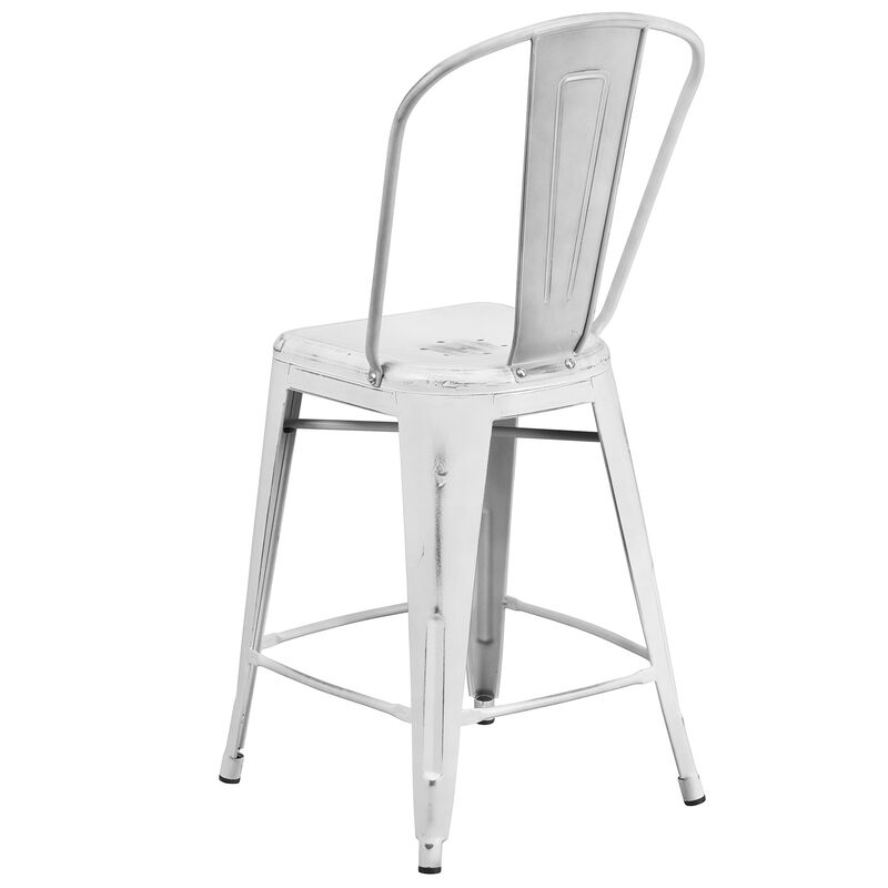 Flash Furniture Carly Commercial Grade 24" High Distressed White Metal Indoor-Outdoor Counter Height Stool with Back