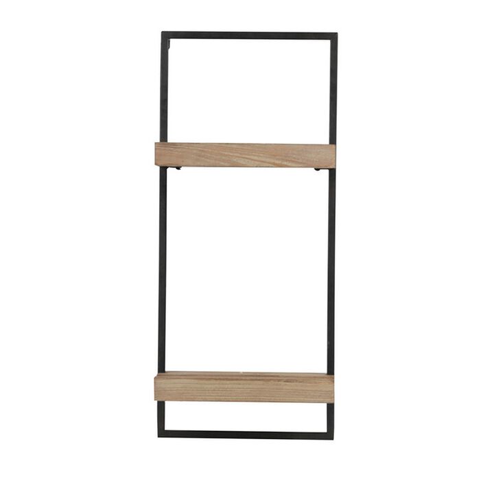 Yin 27 Inch Wall Shelf with 2 Tiers, Rectangular Black Iron, Brown Wood - Benzara