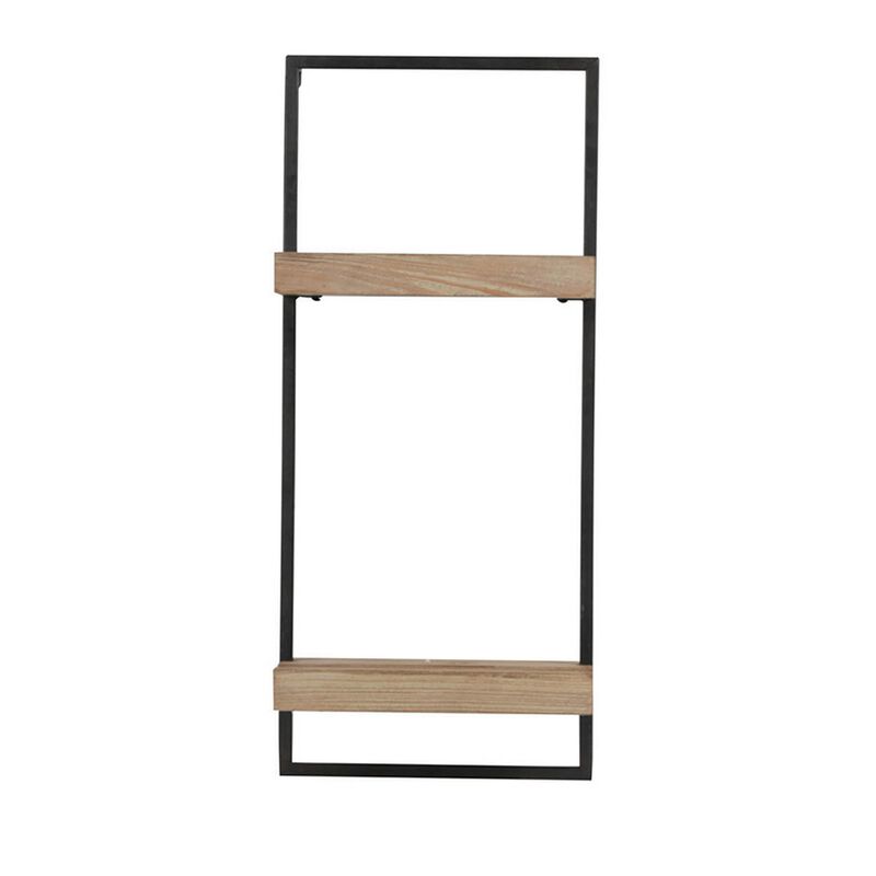 Yin 27 Inch Wall Shelf with 2 Tiers, Rectangular Black Iron, Brown Wood - Benzara