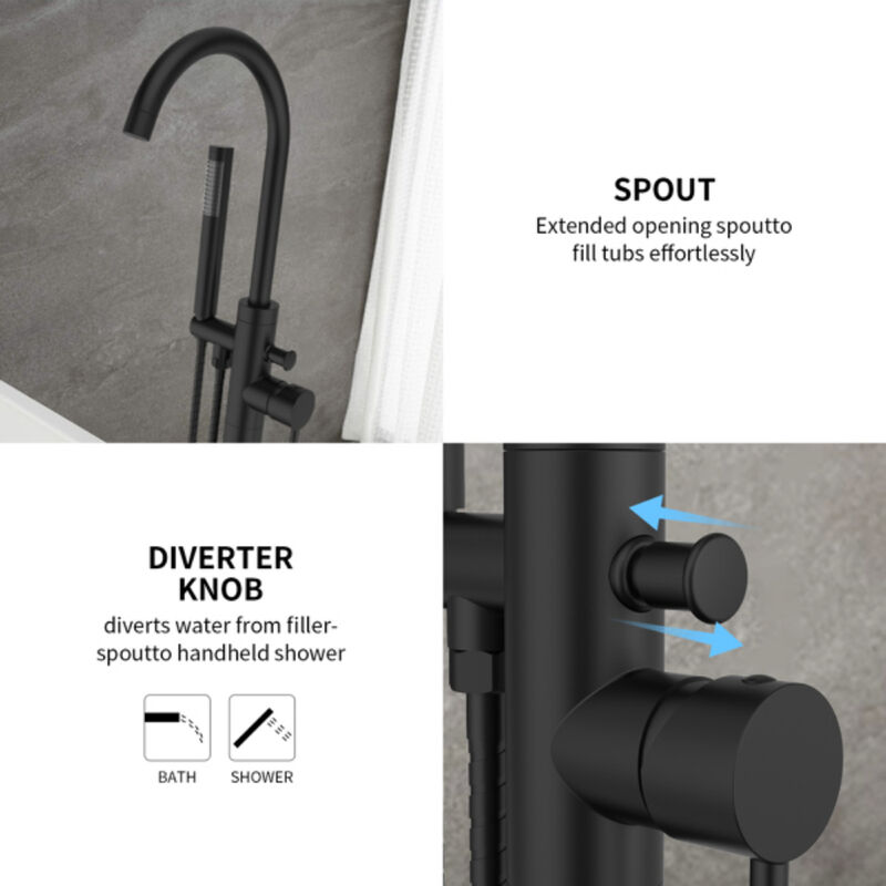 Floor Mount Bathtub Faucet, Single Handle Freestanding Tub Filler with Hand Shower, 6 GPM