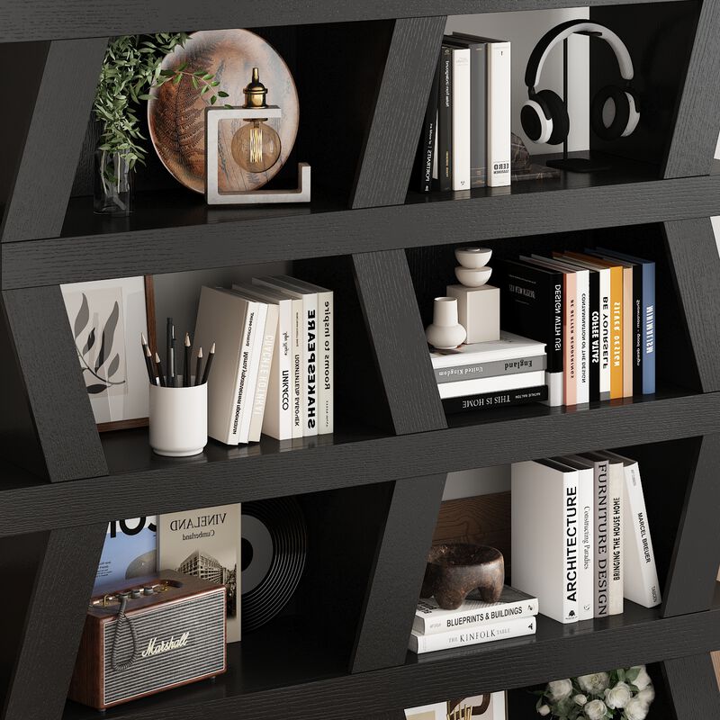 FUFU&GAGA Modern 5-Tier Zigzag Bookcase with Open Shelves (63.8” H x 51.2” W x 12.2” D),Black