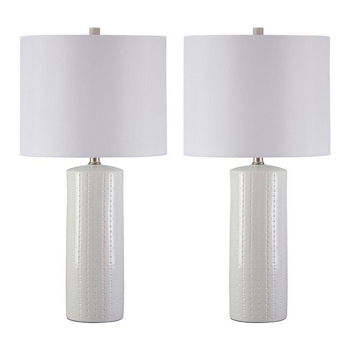 Carved Ceramic Base Table Lamp with Drum Shade, Set of 2, White-Benzara