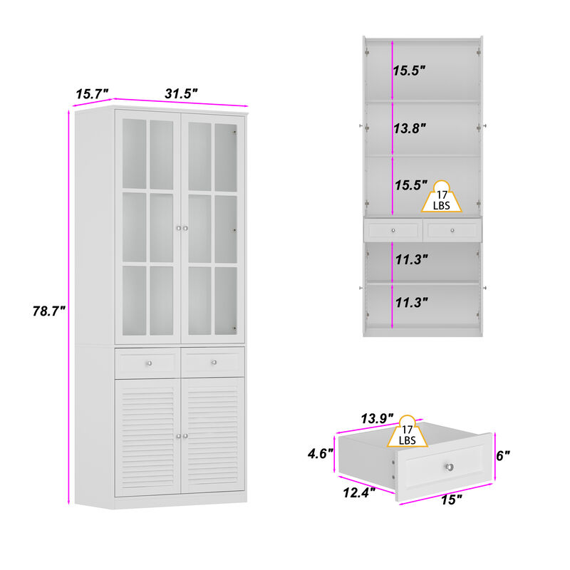 FUFU&GAGA Kitchen Pantry Cabinet with Glass Doors and Adjustable Shelves (31.5” W x 15.7” D x 78.7” H),White